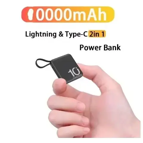 Фото Мини-Power Bank Встроенный шнур Портативный микрокомпактный внешний аккумулятор 10000 мАч Быстрая зарядка Внешний аккумулятор Аксессуары для мобильных телефонов №1