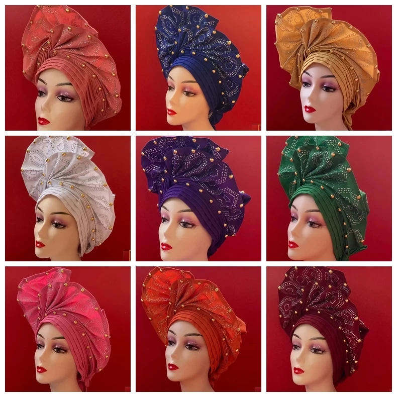

Нигерийский головной убор aso oke, Африканский головной убор, женский белый головной убор Aso Oke Gele с золотыми бусинами, головной убор, Африканский тюрбан, шапка для женщин