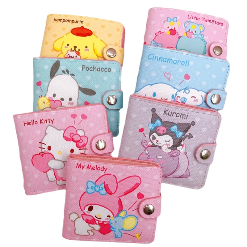 

11cm Anime Sanrio Coin Purse Casual Short Cinnamoroll Kuromi Hello Kitty Pu Leather Wallet Buckle Card Primary School Children