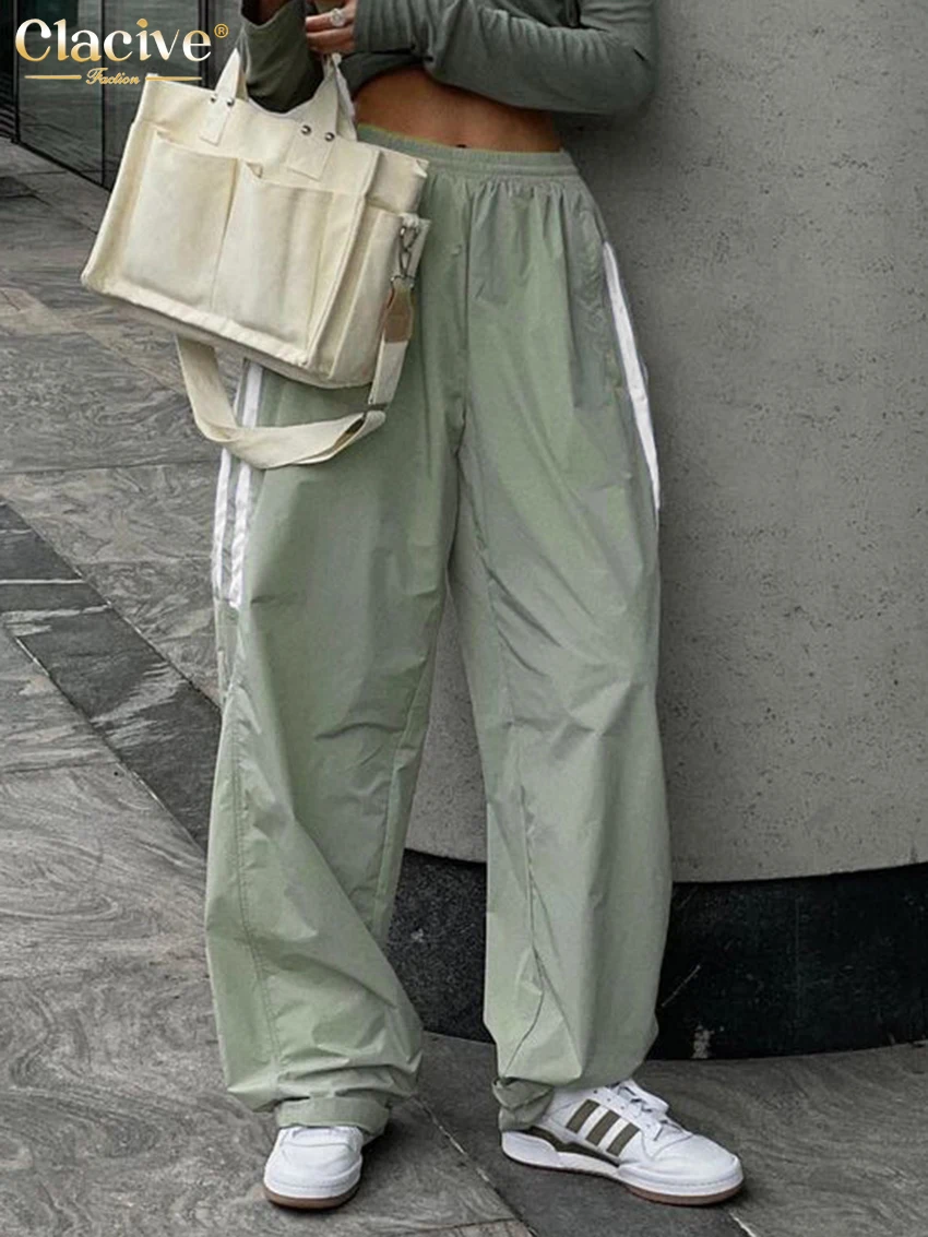 

Clacive Fashion Loose Green Women'S Pants 2022 Casual Elastic Waist Full Length Pants Female Sproty Straight Trousers New In
