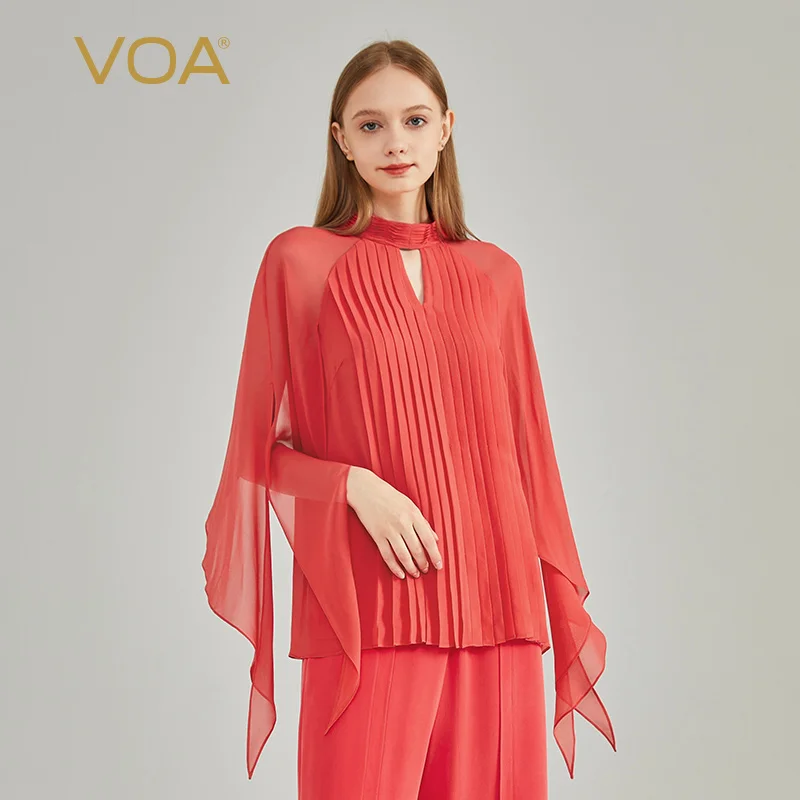 

VOA Silk Double Layer Georgette Half High Neck Organ Pleated Flying Sleeves Red Loose Versatile Breathable Silk T-shirt BE1599