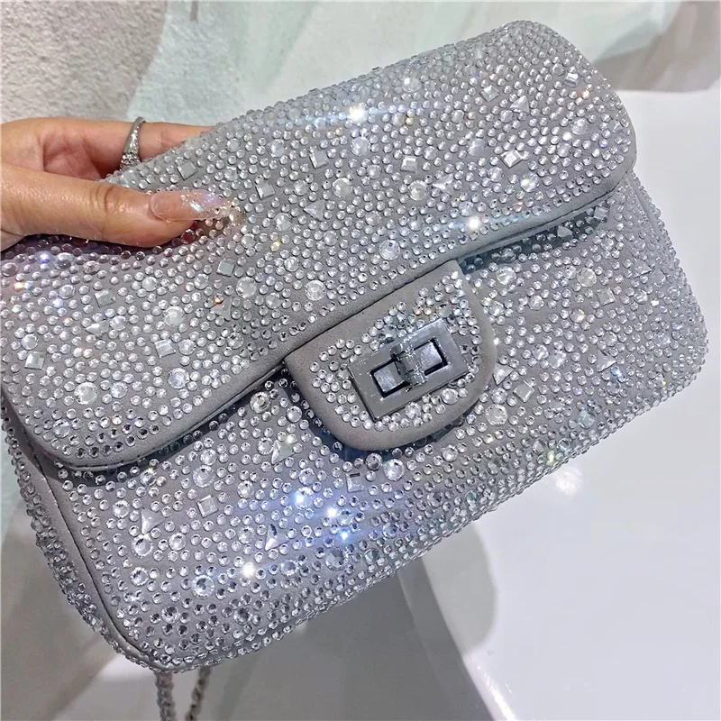 

Women Full Rhinestone Shoulder Bags 2022 New Korean Square Chain Shiny Diamond Purses And Handbags Luxury Designer High Quality