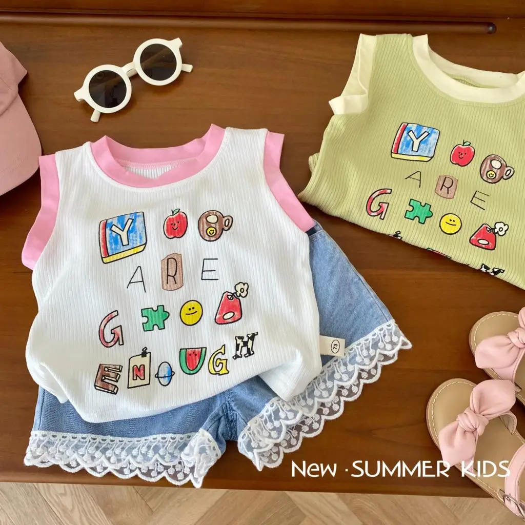 

2023 летняя одежда для маленьких девочек, хлопковый пуловер из муслина с принтом аниме и мультяшными буквами, топы, эластичная рубашка без рук...