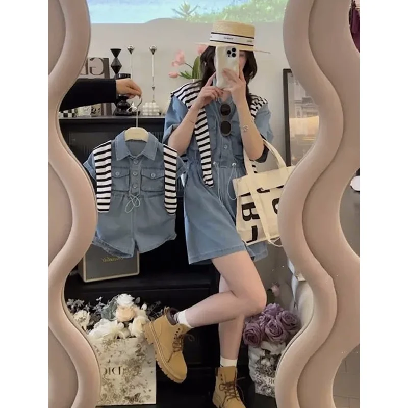 

Mom Girl Denim Jumpsuit Mother and Daughter Matching Fashion Short Sleeve Jeans Overalls 2023 New Summer Baby One Piece Clothes