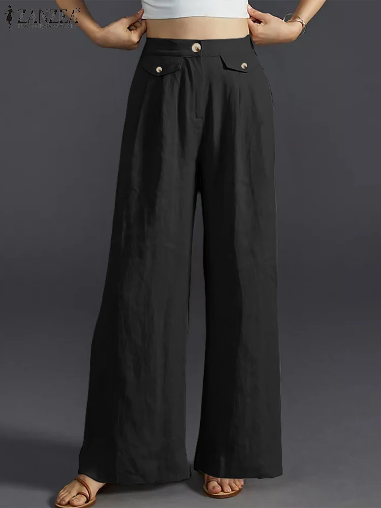 

Осенние офисные брюки ZANZEA, модные женские брюки с широкими штанинами, элегантные однотонные длинные брюки, повседневные винтажные хлопковые расклешенные брюки палаццо