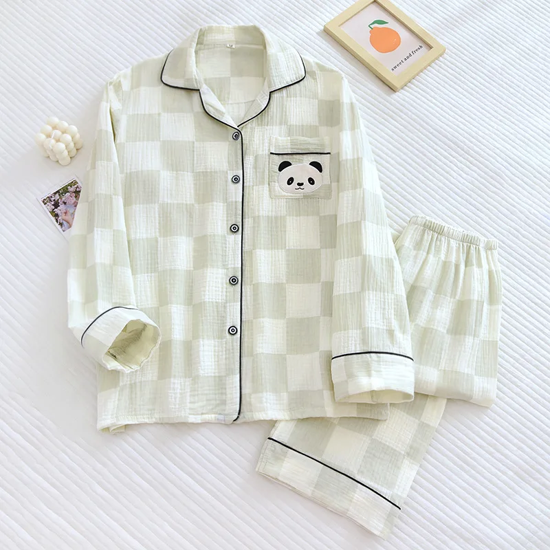 

2023 New Spring/Autumn Pure Cotton Yarn Couple Checkered Plus Size Pajamas Cute Panda Long-sleeved Trousers Home Kawaii Clothes
