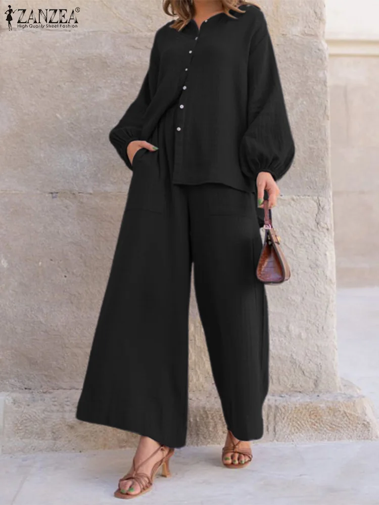 

ZANZEA 2023 Fashion Wide Leg Pocket Pants Tracksuit Retro Casual Loose Solid Women 2pcs Pant Sets Long Puff Sleeve Shirt Outfits