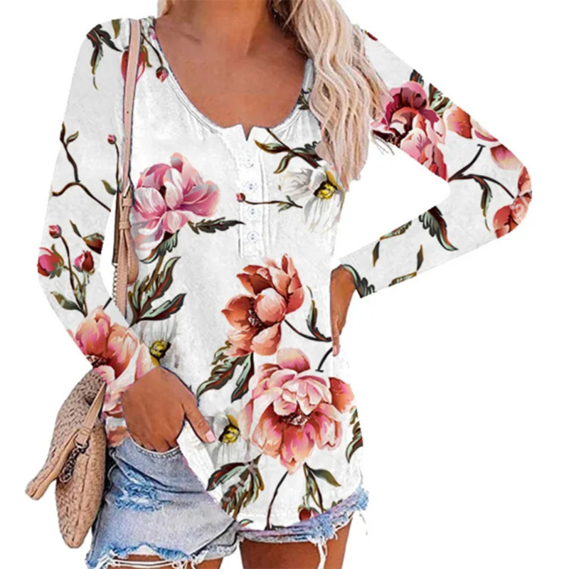 

2022 Autumn New Women's Tops Flowers Printing Casual Loose Comfortable T-Shirt Pullover V-Neck Button Long-Sleeve Ladies T-Shirt