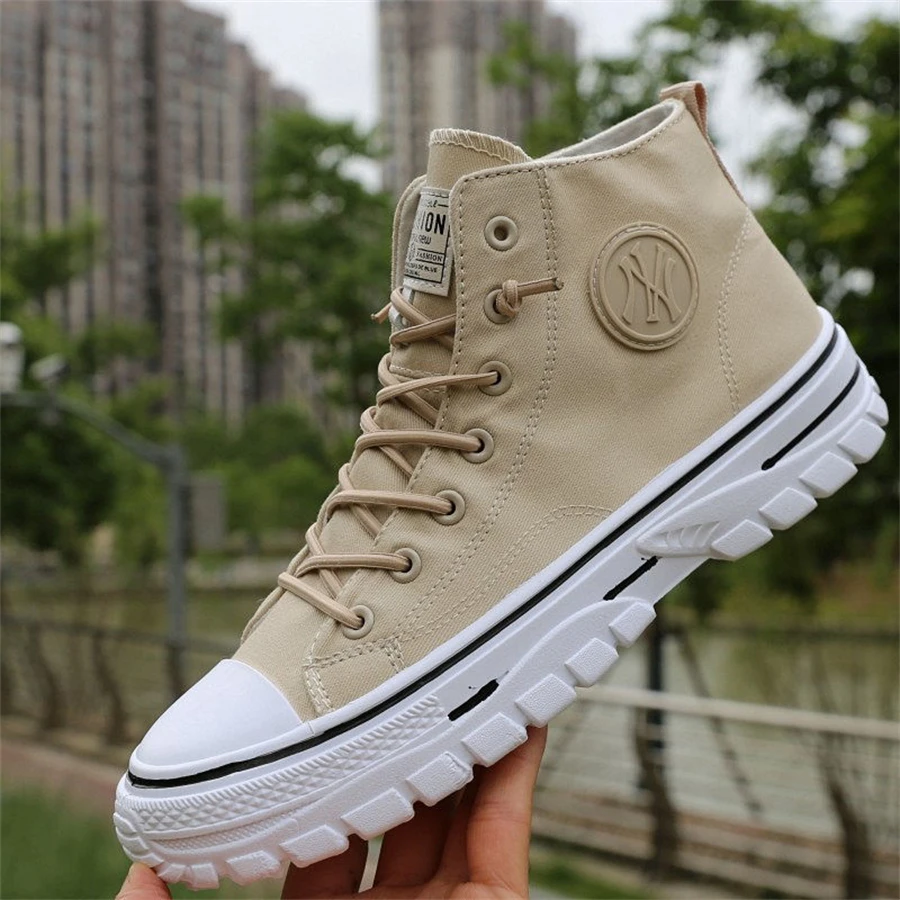 High Top Fashion Canvas Shoes Men Breathable Lace-up Sneakers With Platform Beige Black Gray Designer Vulcanized Footwear