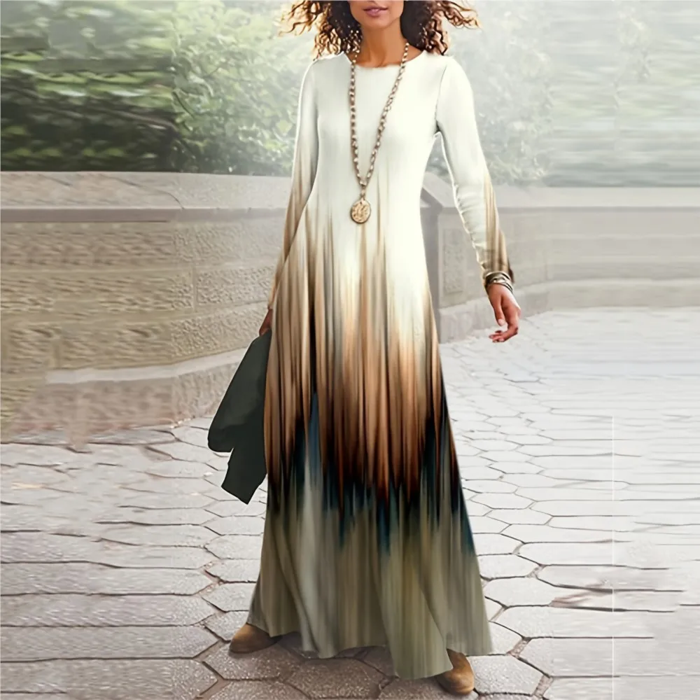 

Женское платье-макси с круглым вырезом, длинным рукавом и принтом