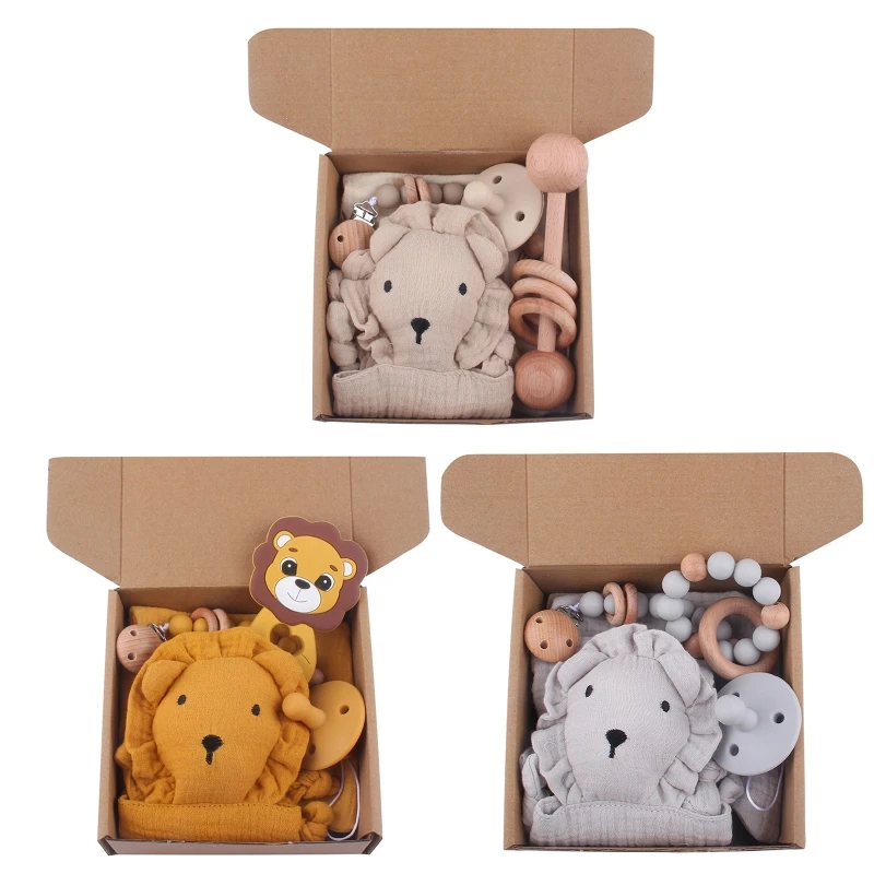 

Newborn Gift Box Set Cartoon Lion Baby Pacifier Pacifier Chain Appease Towel Bib Kit for Infant Baby Boys Girls Gift Set