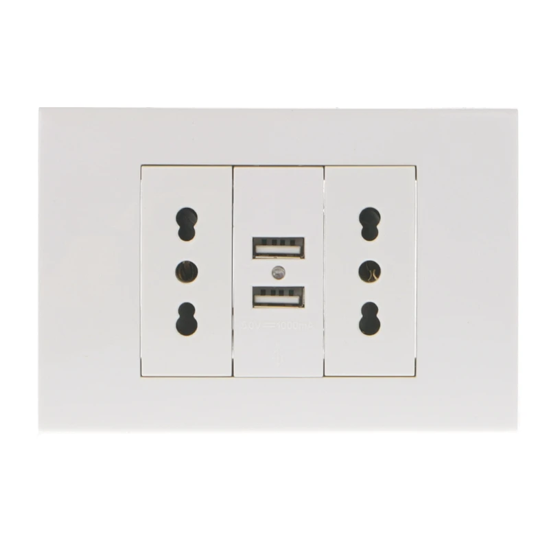 

16A WallDouble Italian/Chile Plug Power Socket Adapter Dual USB Ports Panel 5V