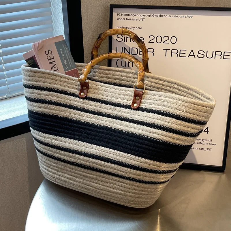 

Women Cotton Thread Woven Tote Female Bohemian Straw Shoulder Bag Summer Stripe Beach Bag Bamboo Large Capacity Handbags Clutch