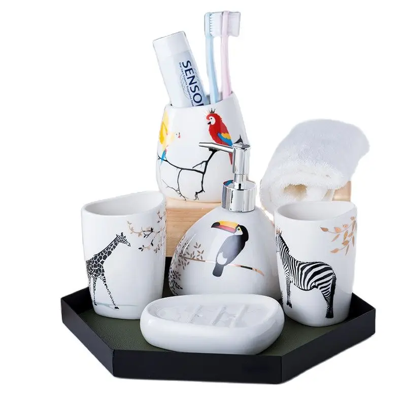 

Cute Zebra Owl Brushing Cup For Kids Nordic Bathroom Accessories Set Five-Piece Sanitary Ware Ceramic Wash Set Mug Cup Brushing