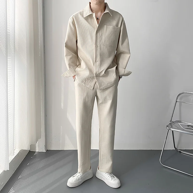 Spring/Summer Pleated Set Men Fashion Social Mens Dress Set Korean Long Sleeve Shirt/Trousers Two Piece Set Men Ice Silk Suit