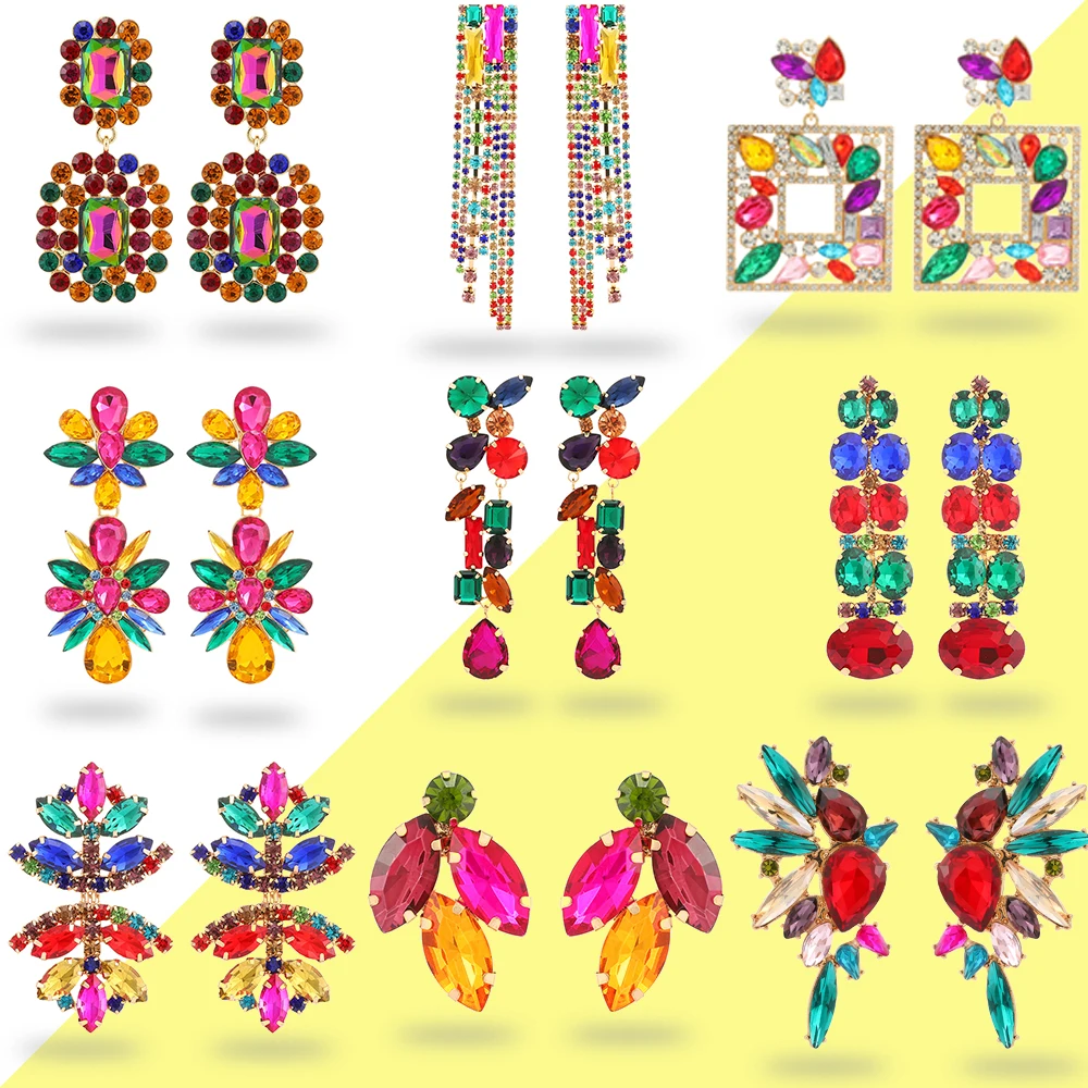 Купи Fashion Multicolor Crystal Large Dangle Earrings For Women Boho Luxury Brand Geometric Prom Party Pendientes Statement Jewelry за 115 рублей в магазине AliExpress