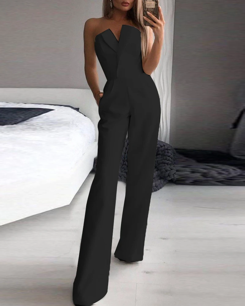 Women Fashion Casual Sleeveless Daily Wear One Piece Office Lady Summer Pocket Detail Bandeau Straight Leg Jumpsuit