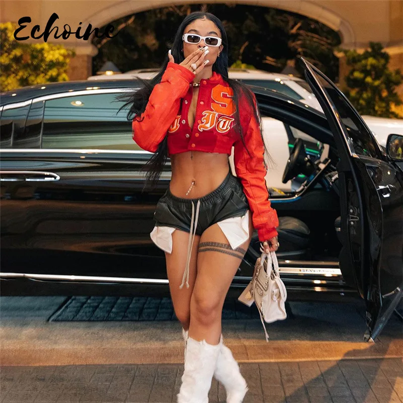 

Letter Print PU Patchwork Jacket Coat Women Hipster Autumn Buttons Skinny Classic Crop Tops Casual Lady Streetwear Outwear