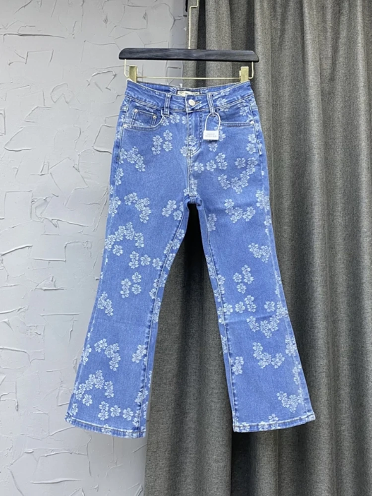 2022 New Summer Korean Style Denim Pants Women's Slim Fit Thin Printed Cropped Pants Female Blue Flared Jeans Woman Casual Jean