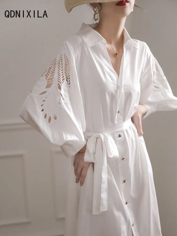 

Women's Dress Hollow Out Design White Dresses 2023 Long Sleeve A-line Shirt Summer Dress Cheap Dresses with Free Shipping