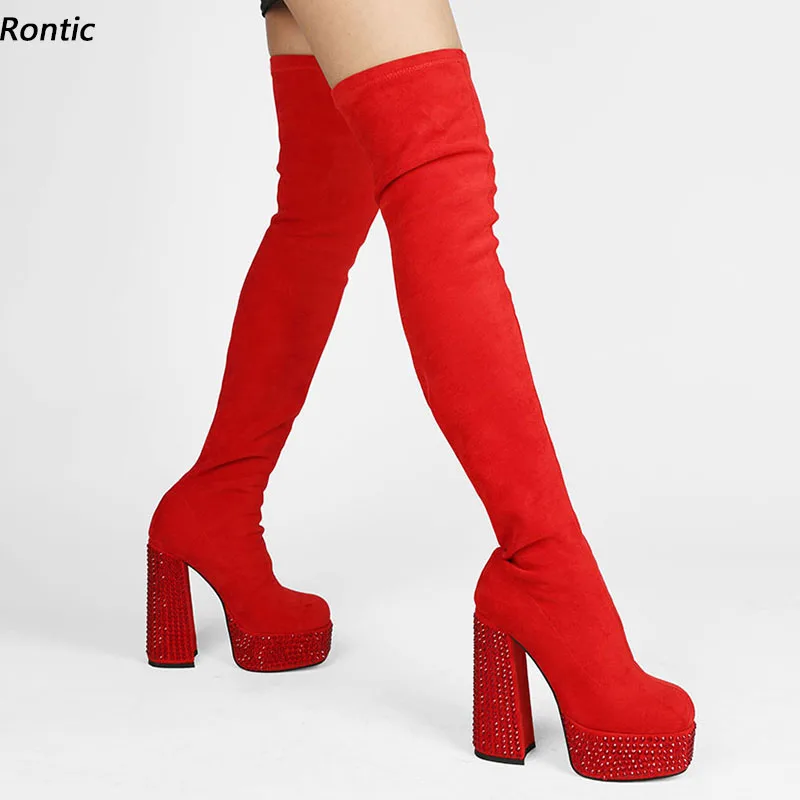 

Rontic Women Spring Thigh Boots Crystal Unisex Faux Suede Block Heels Square Toe Gorgeous Red Party Shoes US Size 5-13