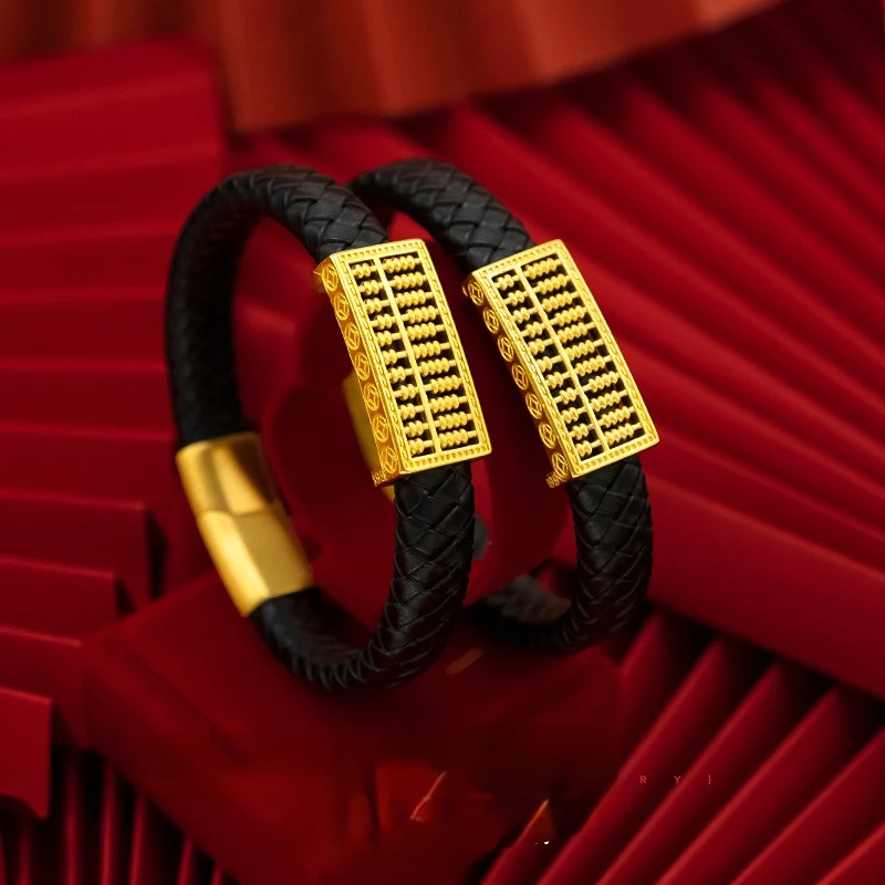

Real 18K Gold Abacus Leather Rope Bracelet for Men Pure 999 Gold Luxury Bracelet Chains Wedding Engagement Fine Jewelry Gifts