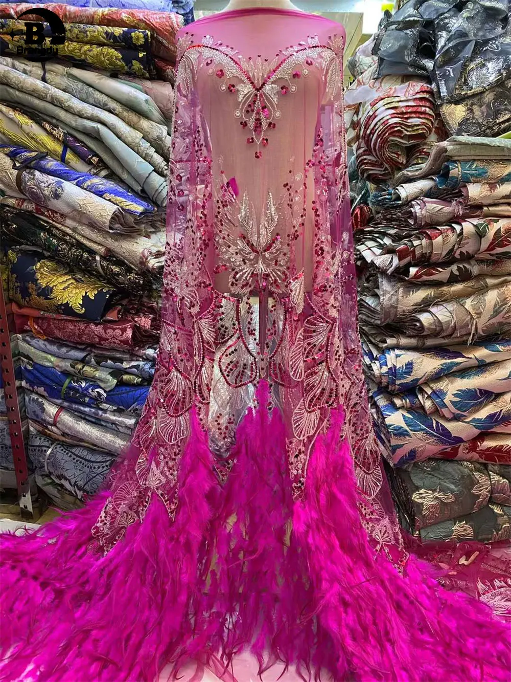 Розовая африканская кружевная ткань с 3D перьями Высококачественная вышивка