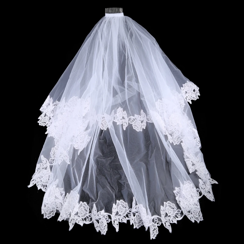 

Bridal Veil with Comb 2 Tier Lace Trims Applique Easy to Wear Elbow Length DropShip