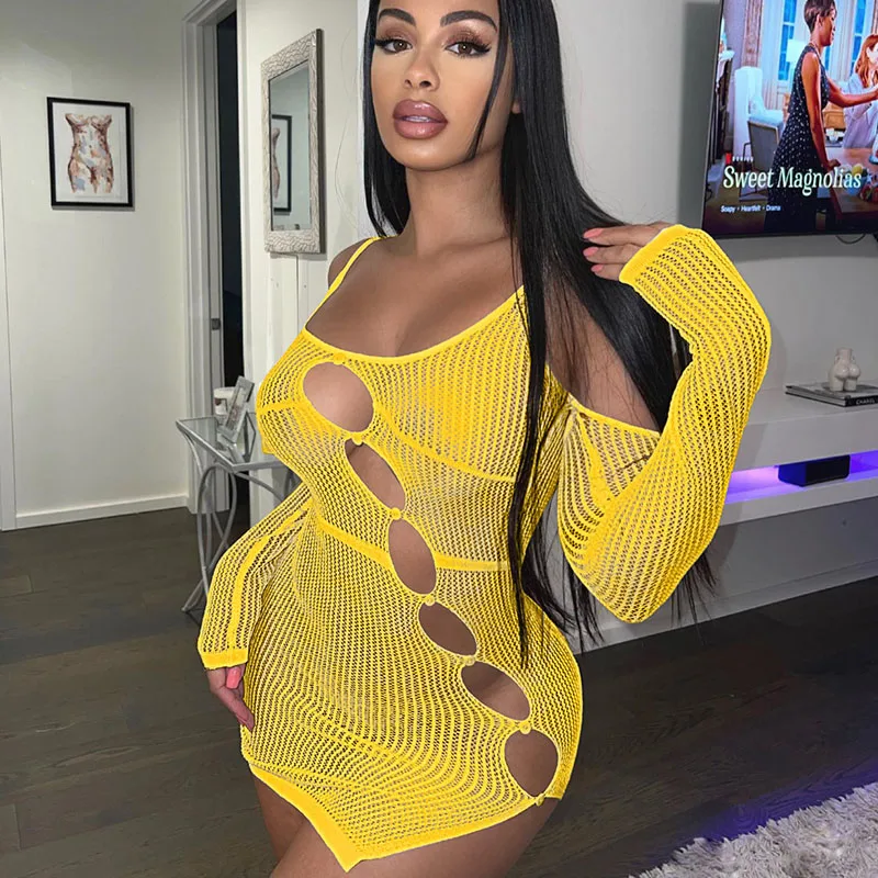 

Sexy Knit See-through Long Sleeve Mini Dress Women Y2K Hollow Out Bodycon Club Dresses Party Midnight Cover Up Summer Dress
