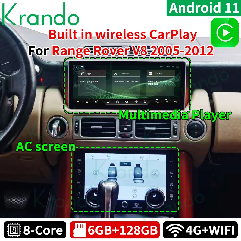 

Автомагнитола Krando, Android 12,0, 12,3 дюйма, для Land Range Rover Vogue V8 2005-2012, навигация GPS, беспроводное головное устройство Carplay и AC