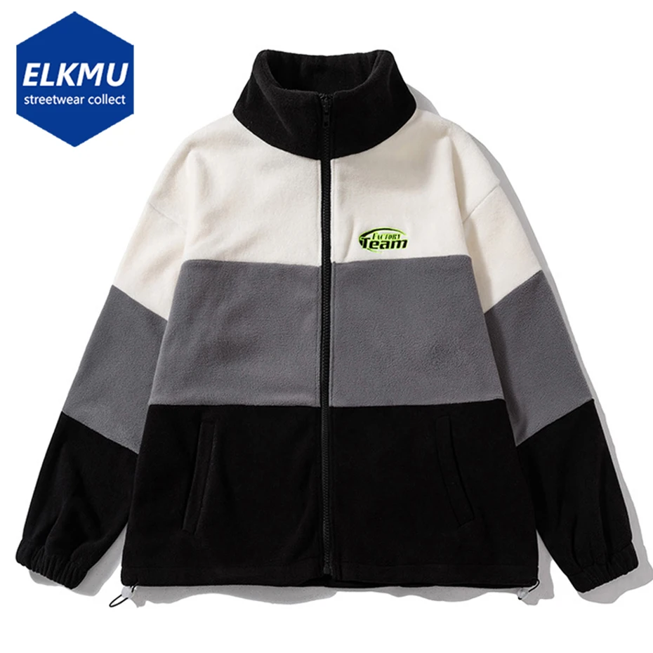 

Hip Hop Fleece Fluffy Jacket Color Block Patchwork Oversized Streetwear Jackets Men Fall Winter Loose Lightweight Jacket Coats