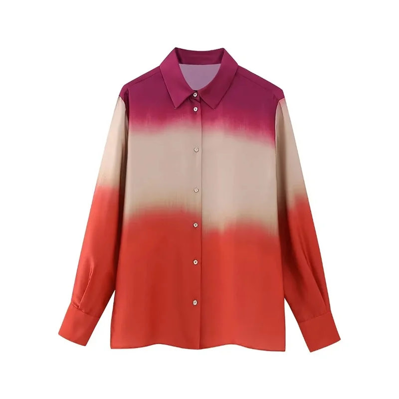 

Женская рубашка с принтом TRAF, разноцветная рубашка с отложным воротником и застежкой на пуговицах спереди, повседневные брючные костюмы с длинными рукавами, лето 2023