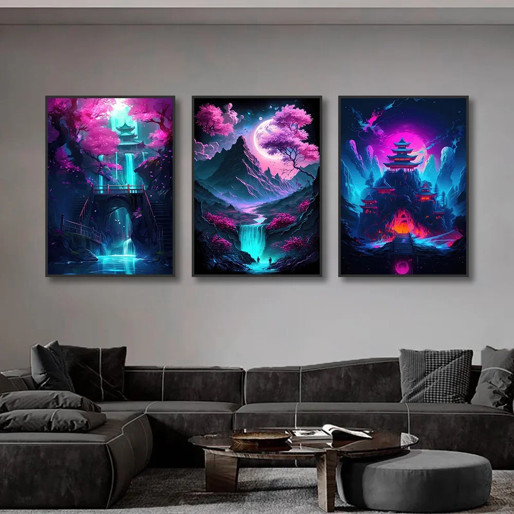 Неоновый розовый пейзаж холст с принтом японский аниме-стиль настенный
