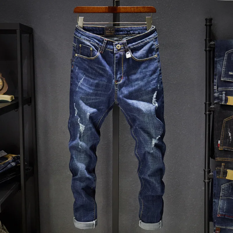 Brand Jeans Men Dark Color Soft Denim Pants Stretch Straight Slim Fit Men Jeans High Quality Cotton Ripped Jeans Homme