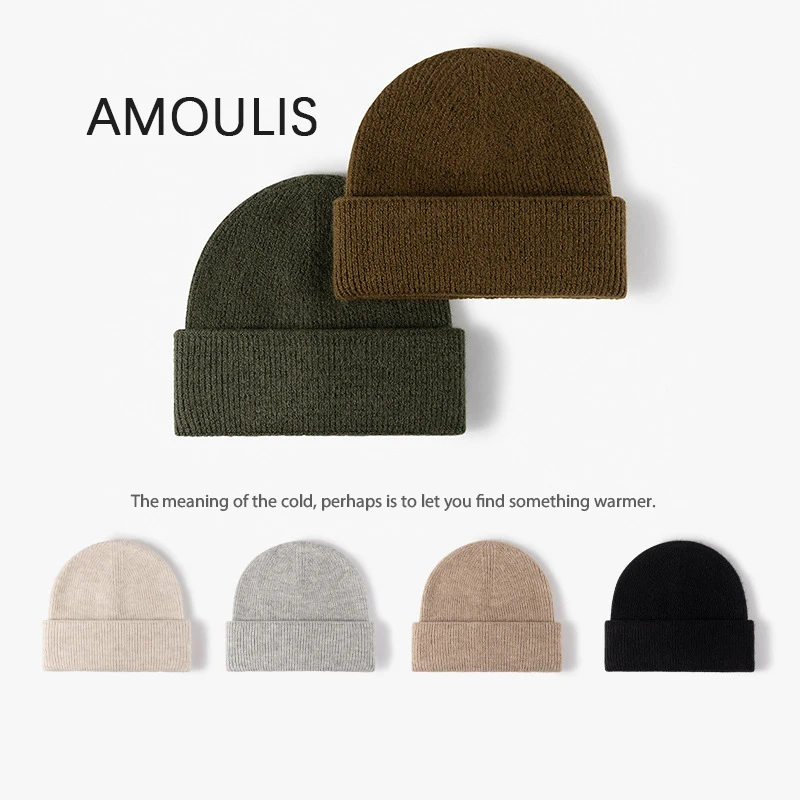 

AMOULIS Winter Solid Skullies Beanies for Women and Men Casual Keep Warm Knitted Hats Female Fashion Melon Cap Hiking Ski Unisex