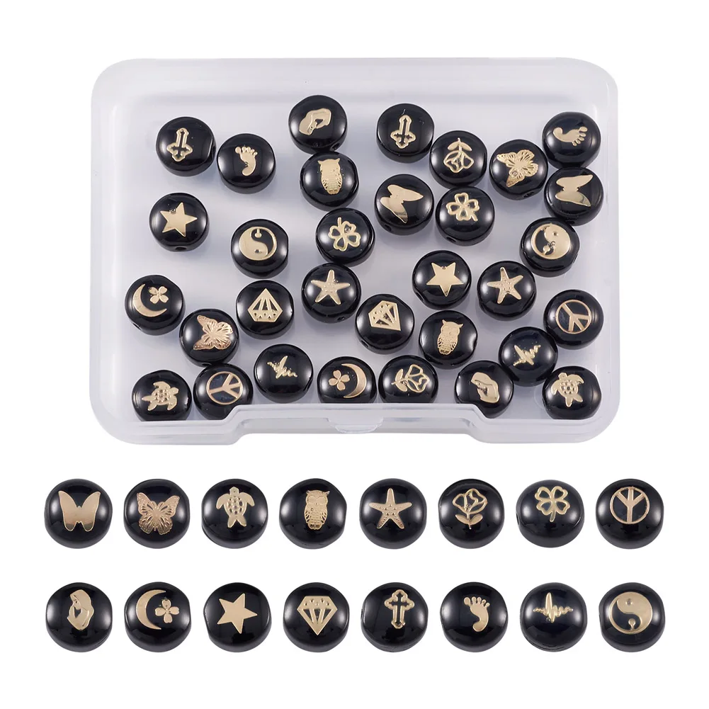 

32Pcs Golden Star Flower Shape Plated Flat Round Handmade Black Lampwork Beads Loose Spacer Bead For Jewelry Making Diy Bracelet