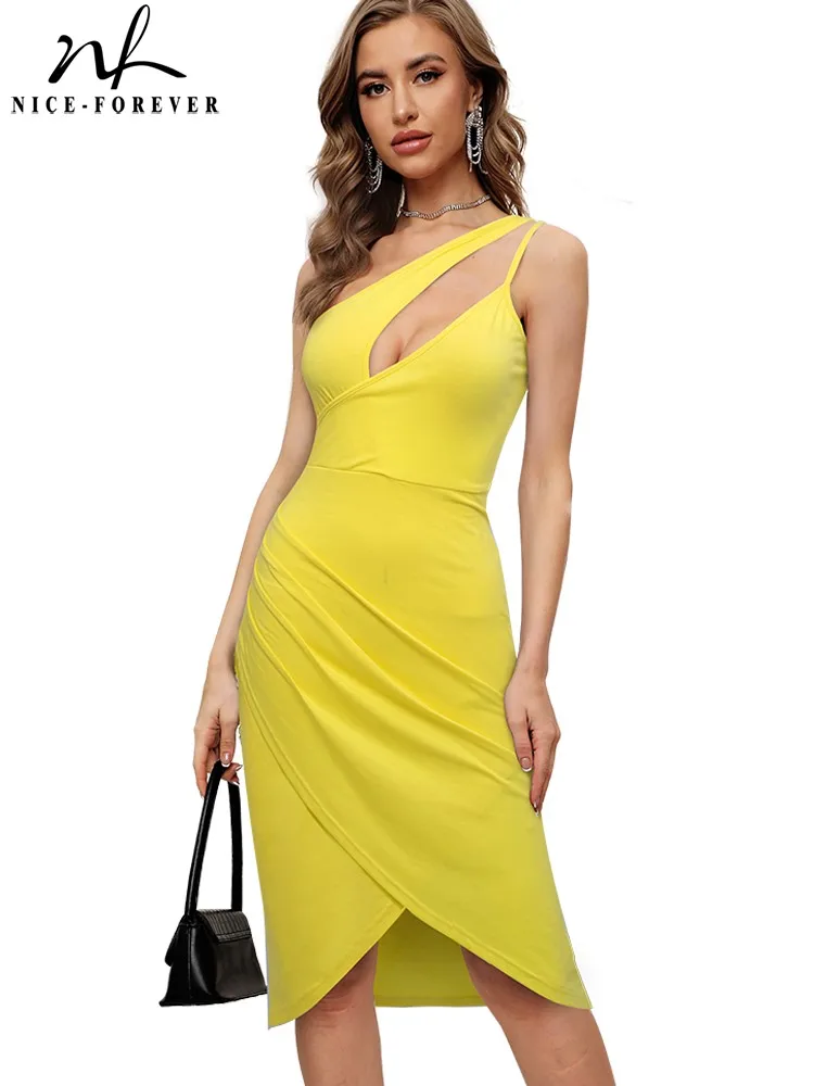 

Женское платье на одно плечо Nice-forever, летнее, облегающее и однотонное платье с вырезами, модель A306, 2019