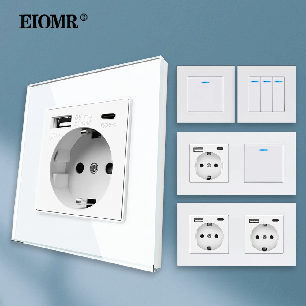

EIOMR Wall Type C Power Outlet Wall Light Switch 16A AC 220V 5V 2.1A with Usb Ports Quick Charge EU Standard USB Charging Socket