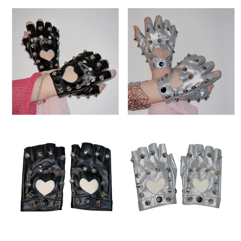 

Punk Style Rivet Studded Half Finger Gloves for Women PULeather Performances Gloves for Dance Motorcycle Riding Gloves