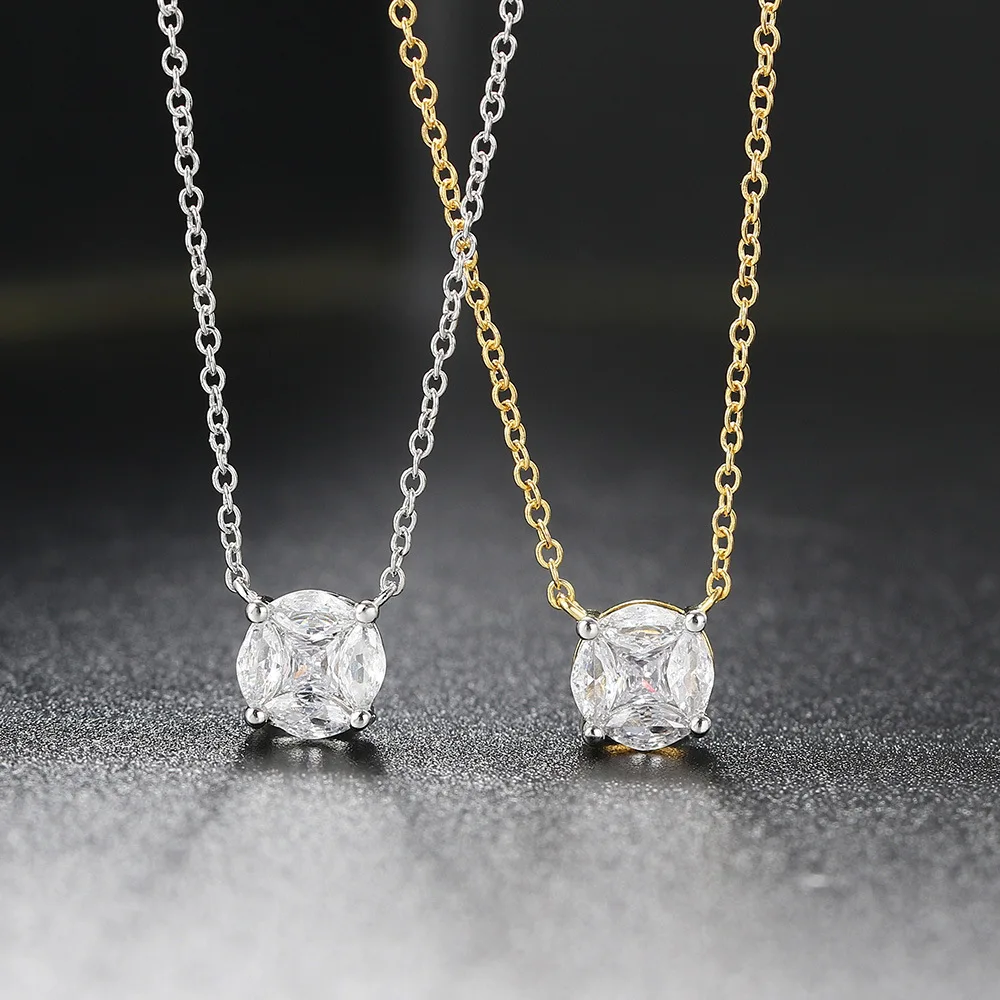 

Ailodo Korean Fashion AAA+ Round Cubic Zirconia Pendant Necklace For Women Gold Silver Color Link Chain Party Wedding Necklace