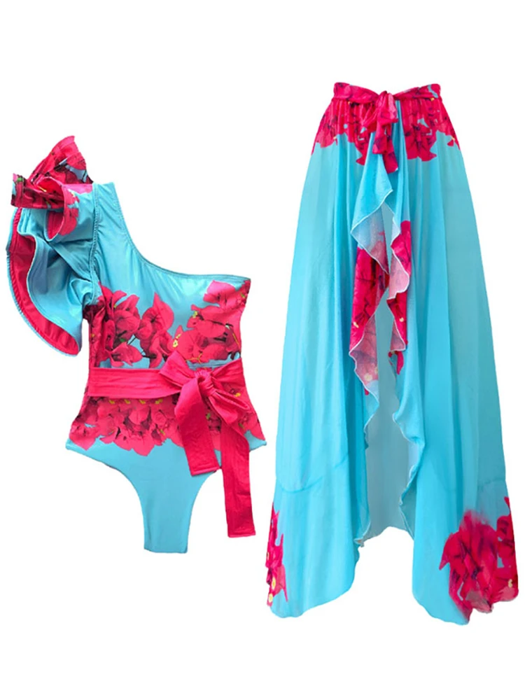

Fashion Floral Print Ruffle Colorblock Swimsuit Vintage Holiday Beach Dress Designer Bathing Suit Summer Surf Wear