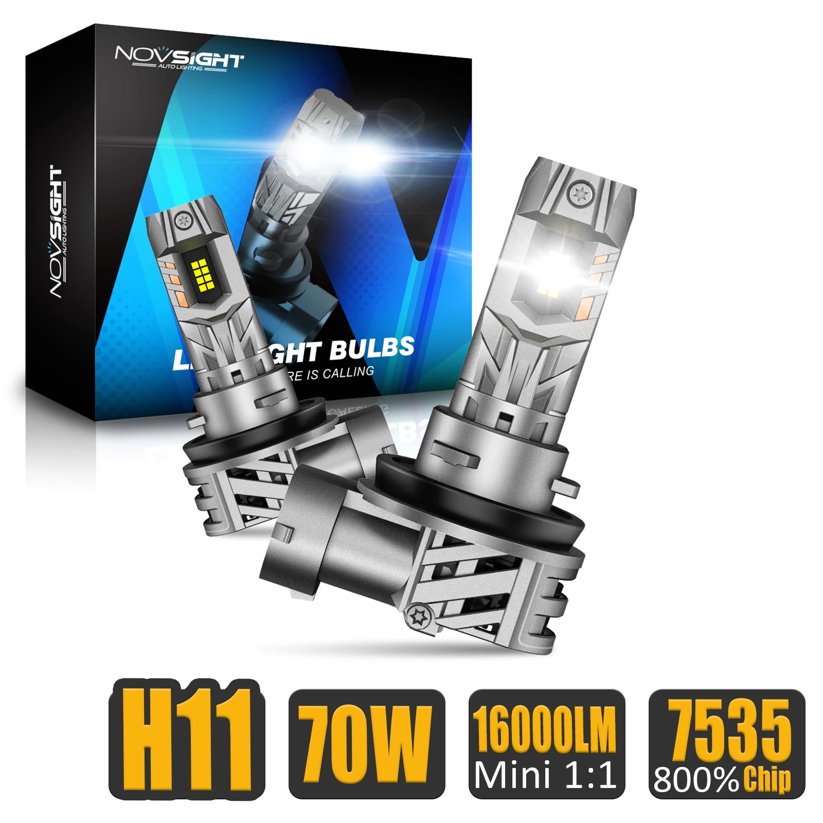 

NOVSIGHT Автомобильные светодиодные фары H11 h11 Лампы дневного света 70 Вт 16000LM 6500K Простая установка без адаптера Мини1:1 7535 Чип