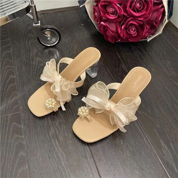 

2022 Summer Ins Mesh Bow Sandals And Slippers Women's Fashion Pearl Thick Heels Transparent Crystal Heel Flip-flops Women