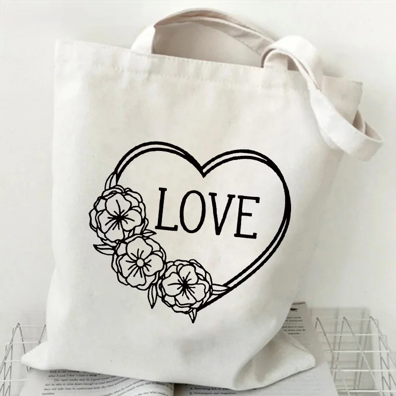 

Модные холщовые сумки-тоуты Ladis, женская сумка-шоппер с цветком LOVE, вместительная сумка на плечо, дизайнерские сумки, многоразовые хозяйстве...