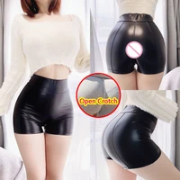 woman sexy open crotch leather pants crotchless pu mini shorts booty lifter elastic hollow out hidden zipper couple outdoor sex