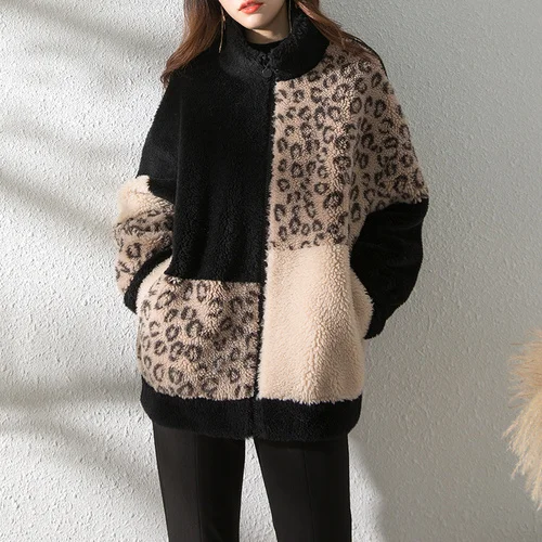 

Jacket Casual Oversize Real Wool Women's Fur Coat 2023 Winter Street Leopard Sheep Shearing Jackets Manteau Femme Gxy1191