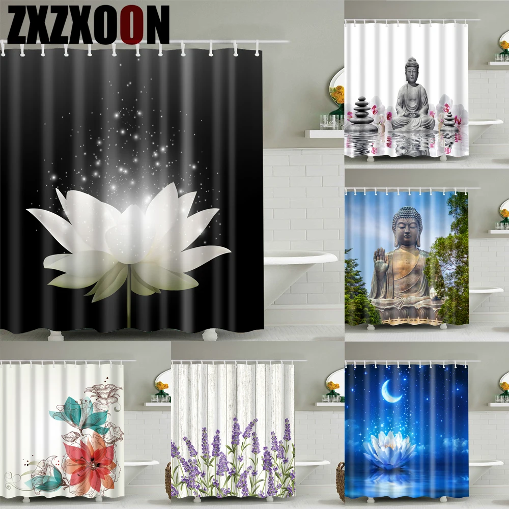 

Pastoral Flower Lotus Buddha Sunflower Bathroom Decor Waterproof Polyester Frabic Shower Curtains with Hooks