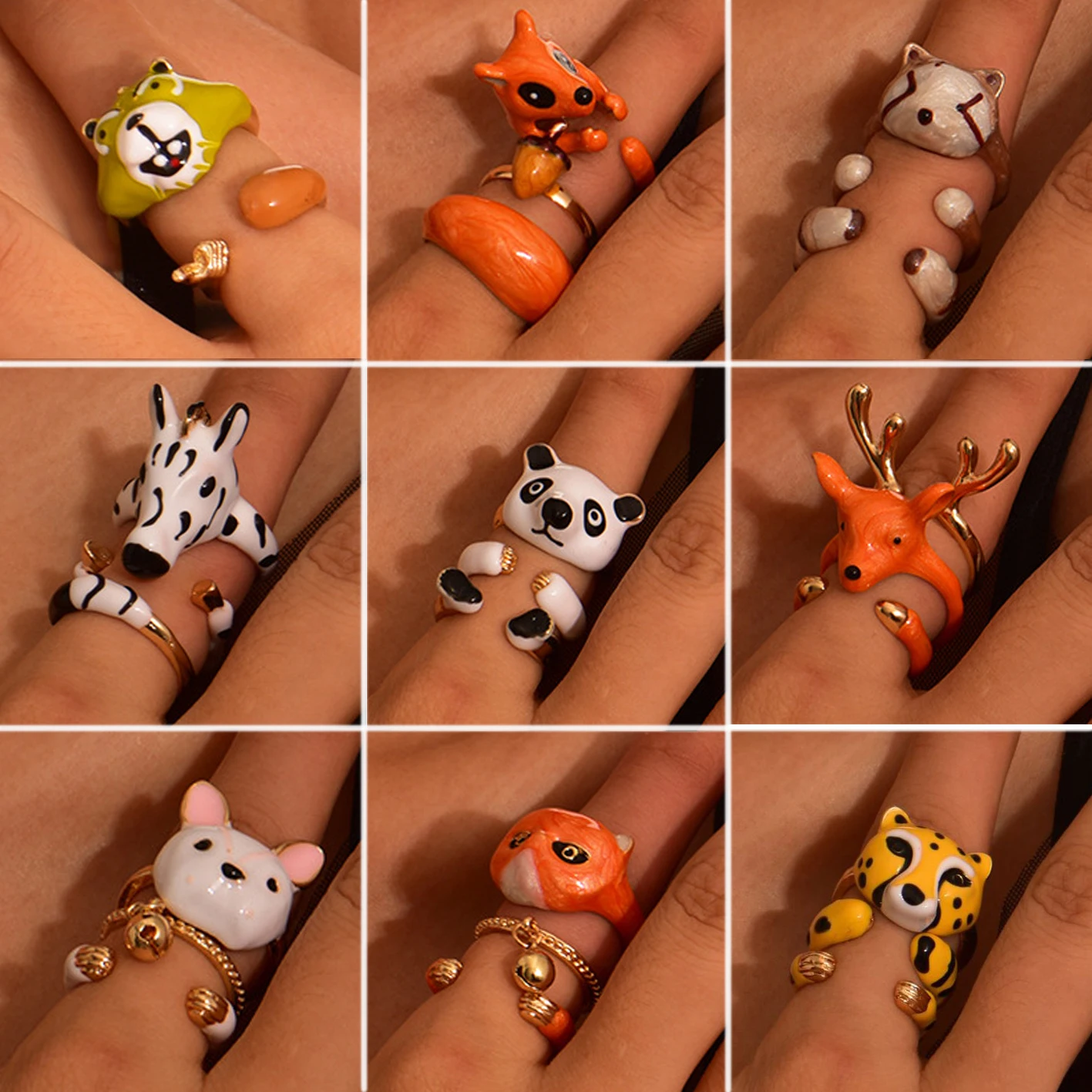 

Charming Drop Glue Three-dimensional Cute Cartoon Fox Panda Zebra Ring Women Men Opening Adjustable Animal Ring Set Gift Jewelry