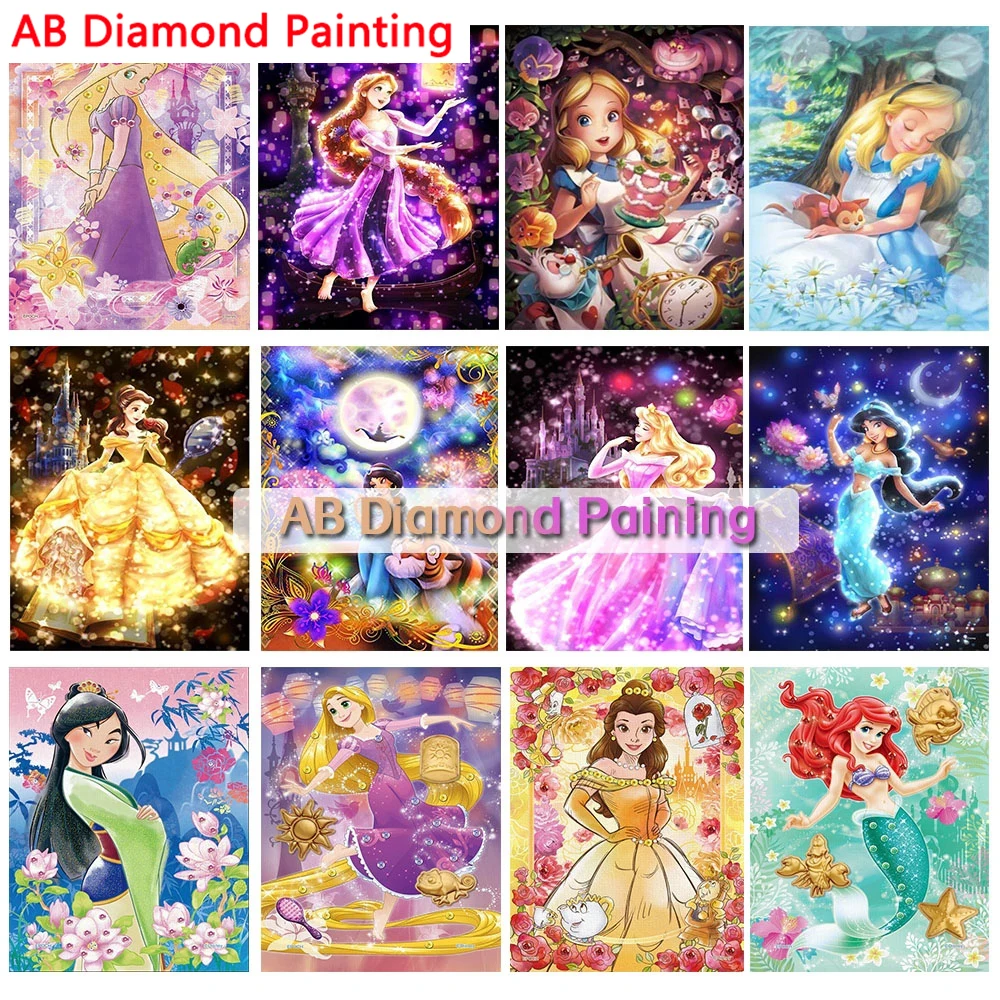 

AB Drill 5D DIY Diamond Painting Disney Princess Cartoon Girl Fairy Tale AB Diamond Embroidery Cross Stitch Set Art Home Decor