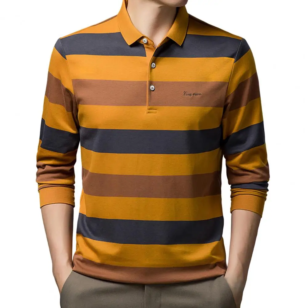

Business Men Shirt Fashion Stripe Buttons Breathable Long Sleeves Turn-down Collar Contrast Color Work Office Tops Male Clothes